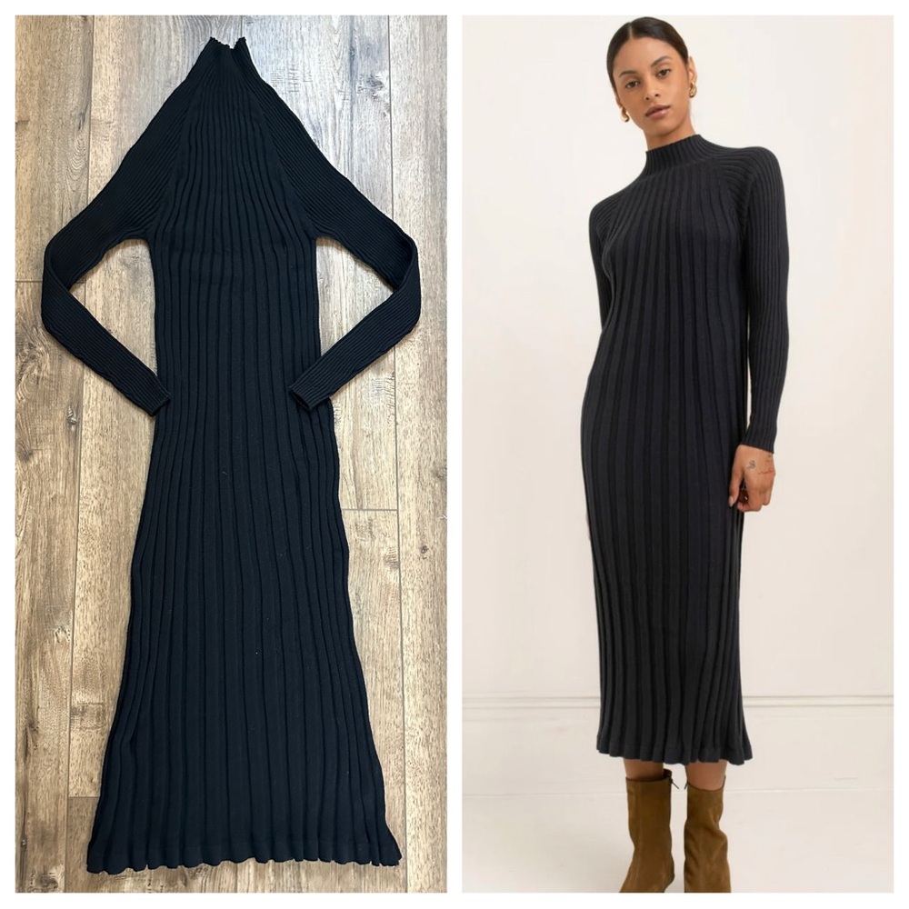 Paper Label Black Ribbed Dress, Midi, Organic Cotton, Stretch, Mock Neck,‎ M